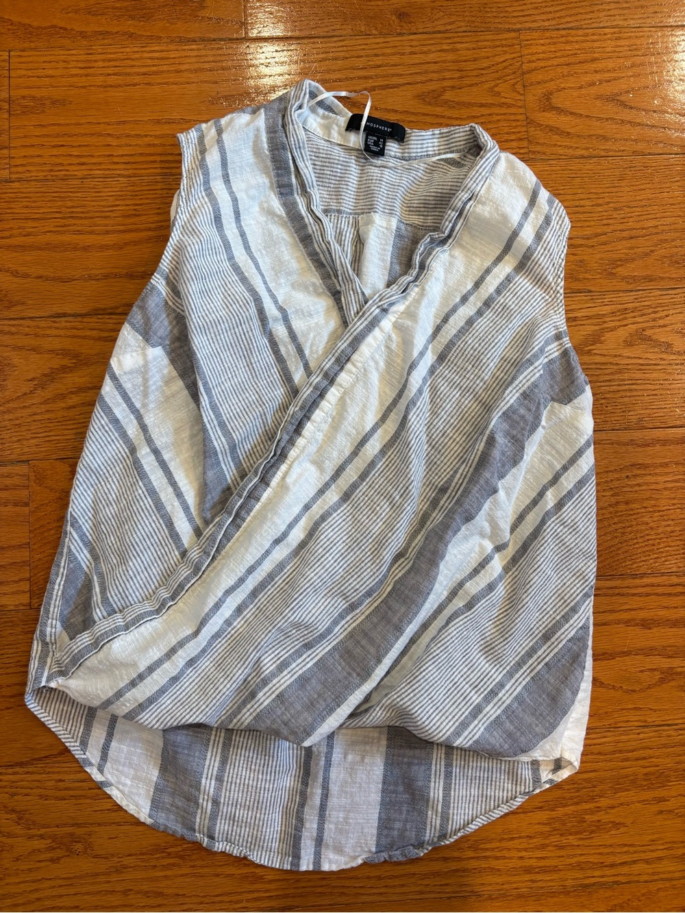 Atmosphere Linen Blend Sleeveless Wrap Blouse | Blue Striped Coastal Top  10